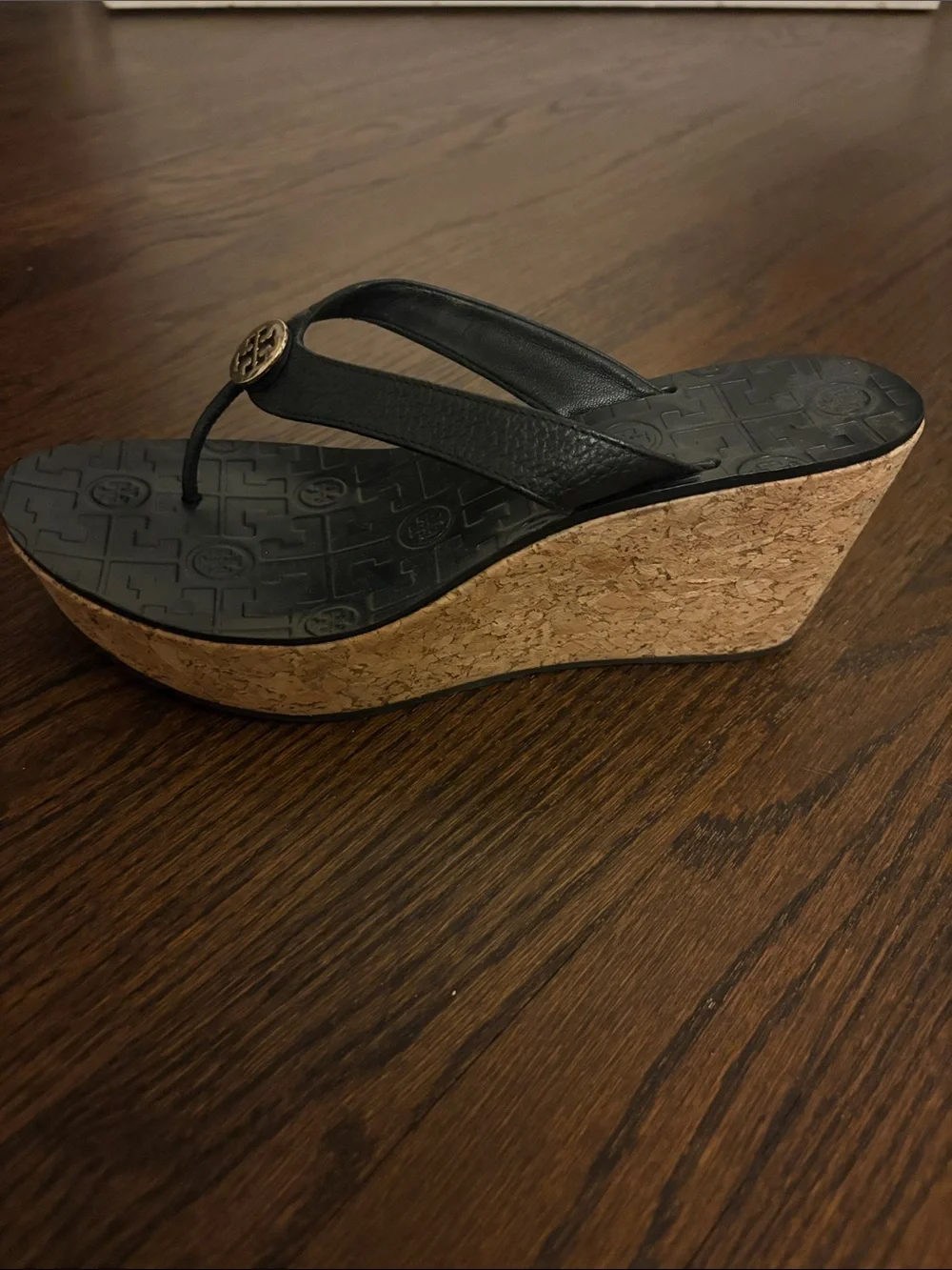 Tory Burch Black Wedge Thong Sandals with Gold Logo